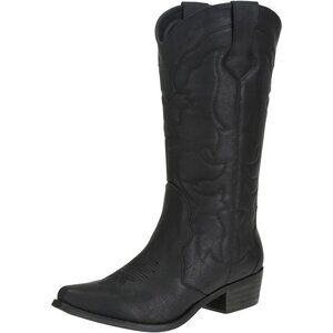Women's Black Rubber Cowgirl Wide Calf Fashion Classic Comfortable Western Boots